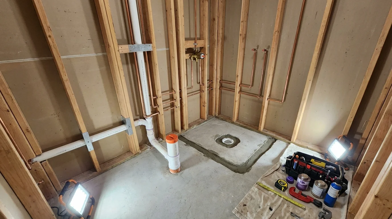 Bathroom rough-in plumbing during remodel by Johns Plumbing LLC in Spring Hill