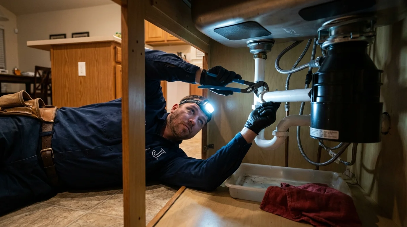 P-trap and supply line connections under a kitchen sink showing a common leak point in Spring Hill, TN